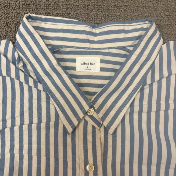 Wilfred Aritzia Button Up Shirt Medium Blue Stripped Cotton Poplin Relaxed Comfy - Picture 3 of 10